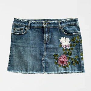 Refuge Distressed Embroidered Jean Mini Skirt